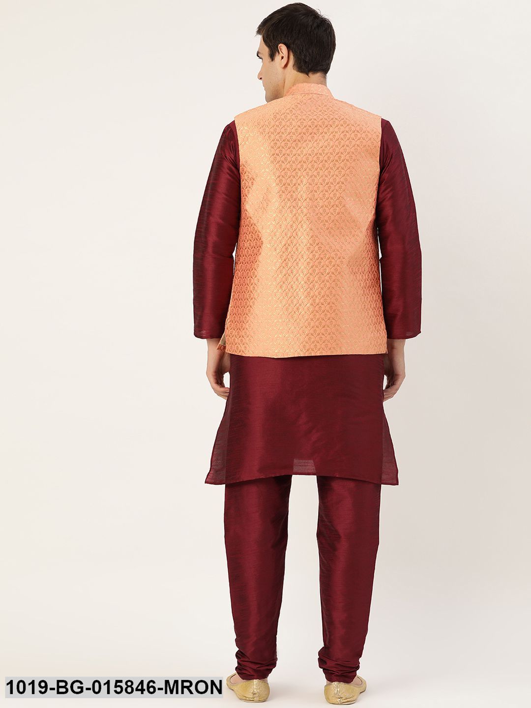 Men's Silk Blend Maroon Kurta Pyjama & Peach Nehru jacket Combo