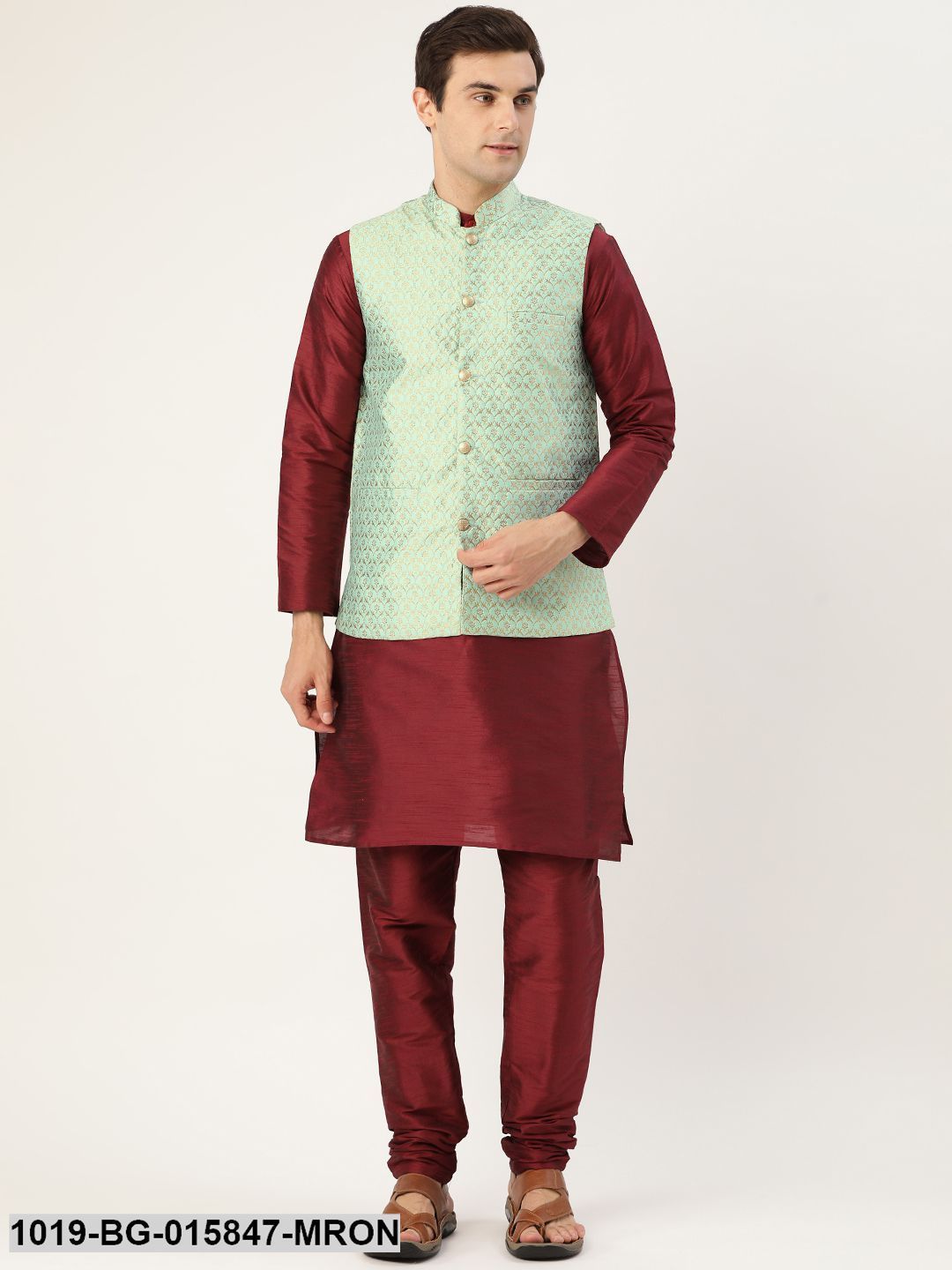 Men's Silk Blend Maroon Kurta Pyjama & Sea Green Nehru jacket Combo