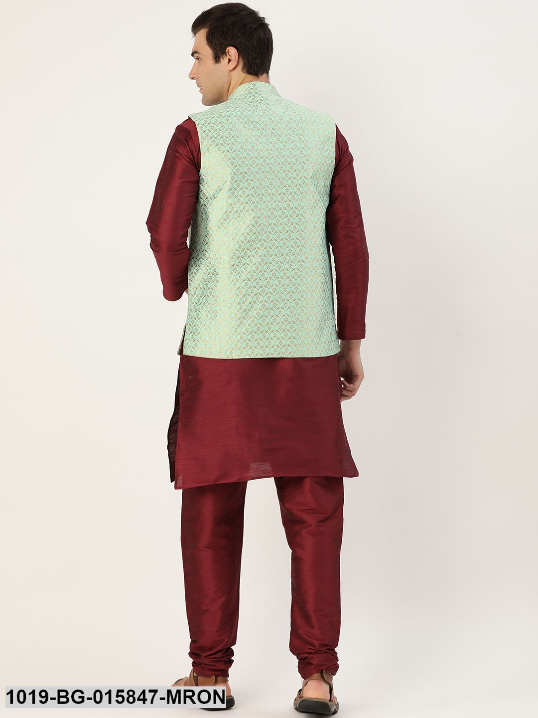 Men's Silk Blend Maroon Kurta Pyjama & Sea Green Nehru jacket Combo