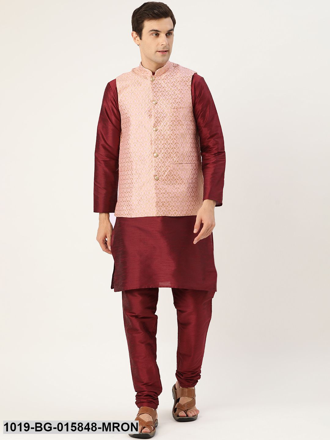 Men's Silk Blend Maroon Kurta Pyjama & Light Pink Nehru jacket Combo