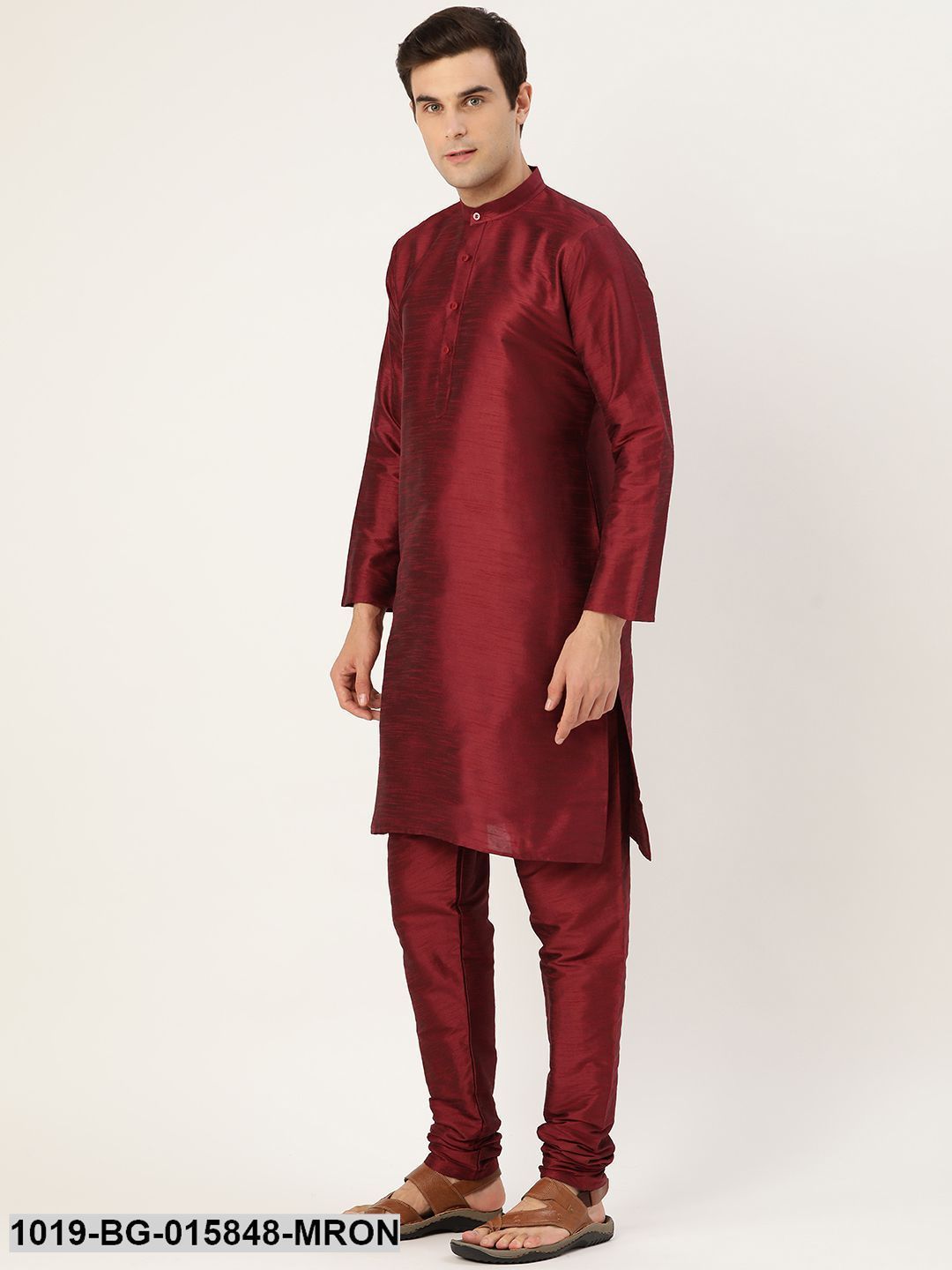 Men's Silk Blend Maroon Kurta Pyjama & Light Pink Nehru jacket Combo