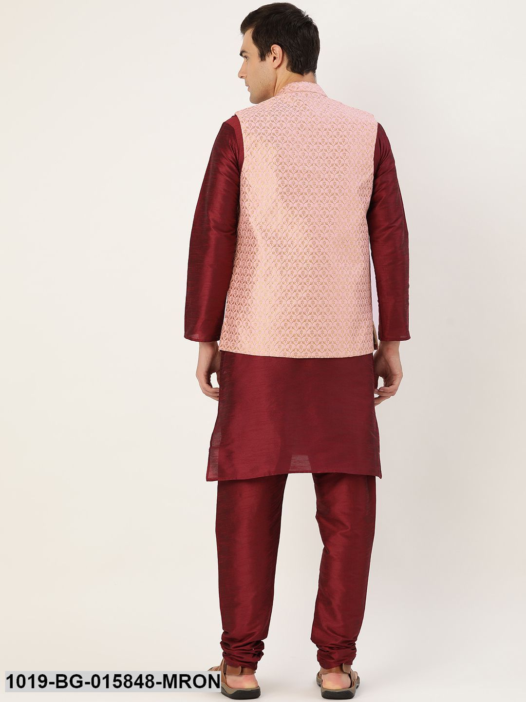 Men's Silk Blend Maroon Kurta Pyjama & Light Pink Nehru jacket Combo
