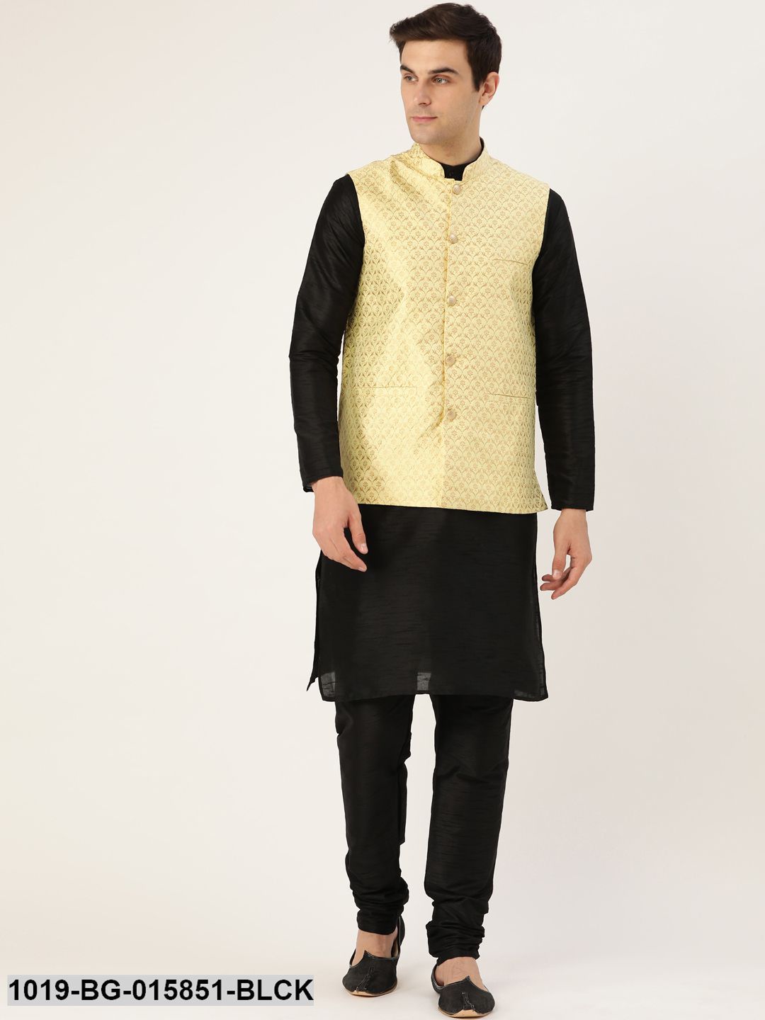Men's Silk Blend Black Kurta Pyjama & Lime Green Nehru jacket Combo