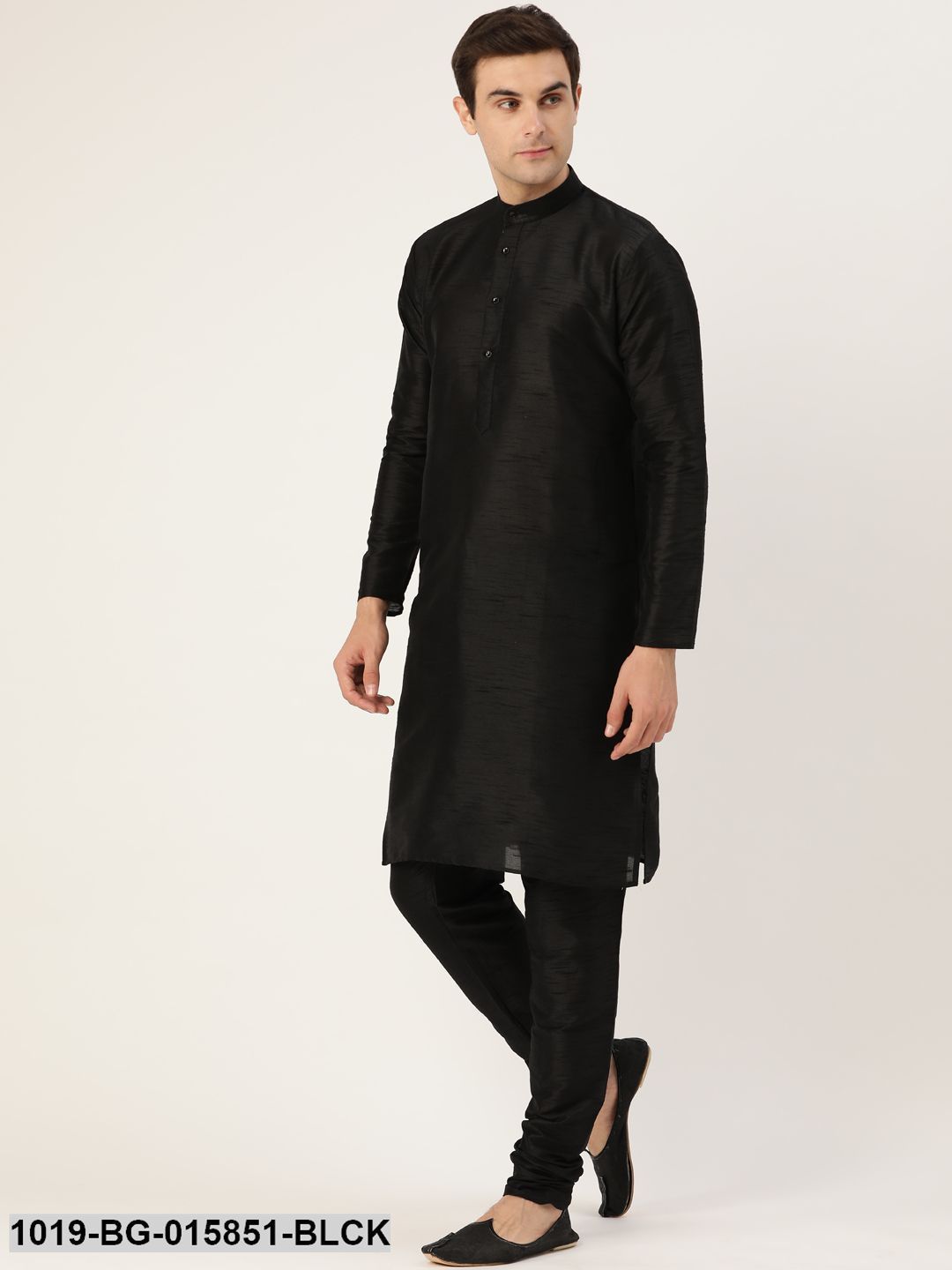 Men's Silk Blend Black Kurta Pyjama & Lime Green Nehru jacket Combo