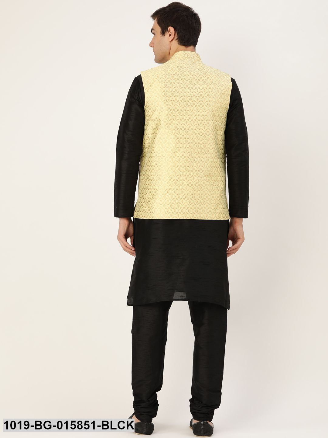 Men's Silk Blend Black Kurta Pyjama & Lime Green Nehru jacket Combo
