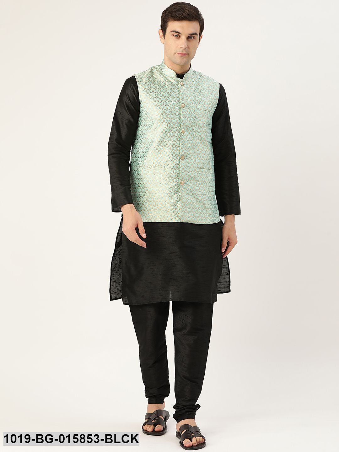 Men's Silk Blend Black Kurta Pyjama & Sea Green Nehru jacket Combo