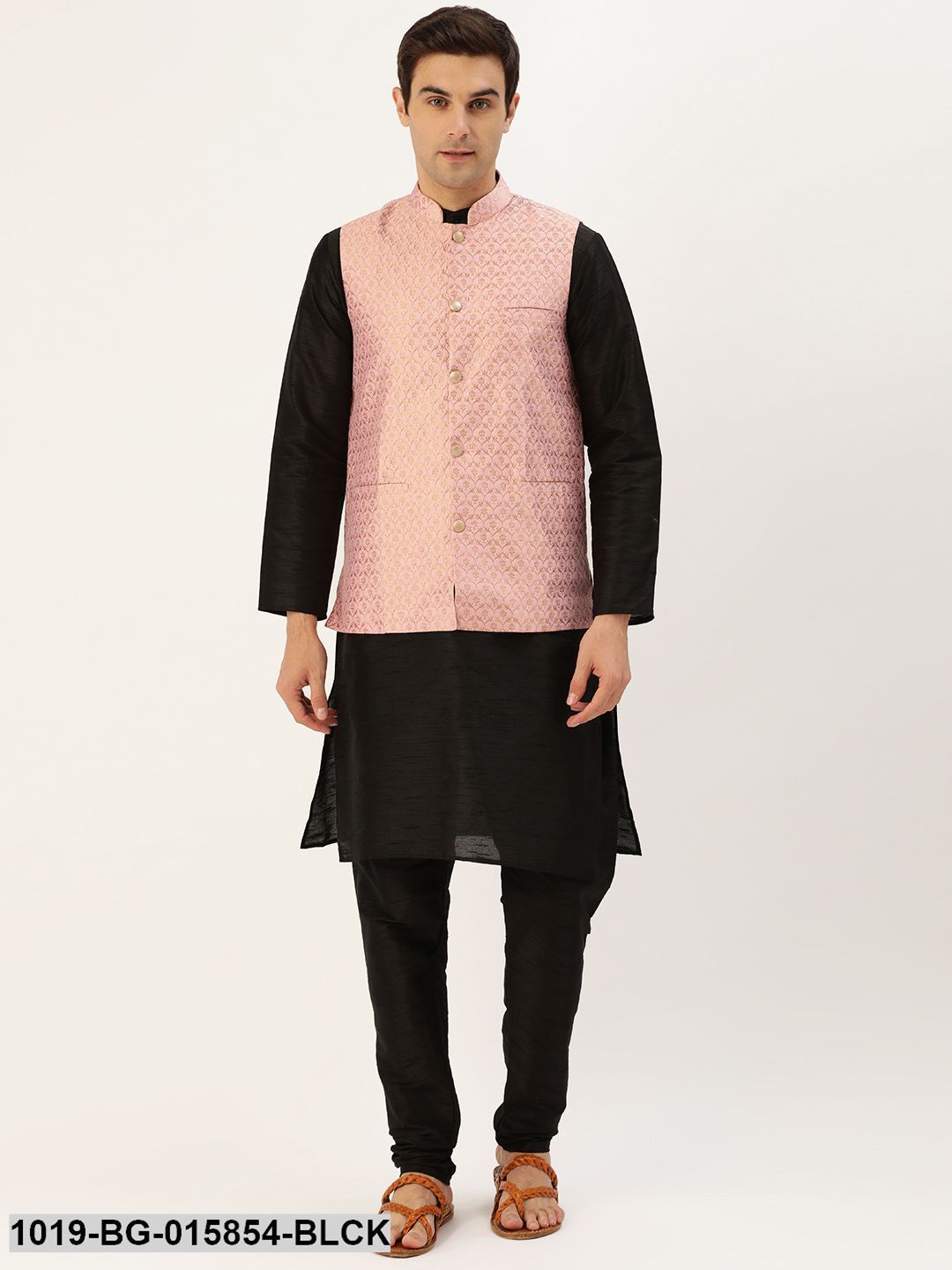 Men's Silk Blend Black Kurta Pyjama & Light Pink Nehru jacket Combo
