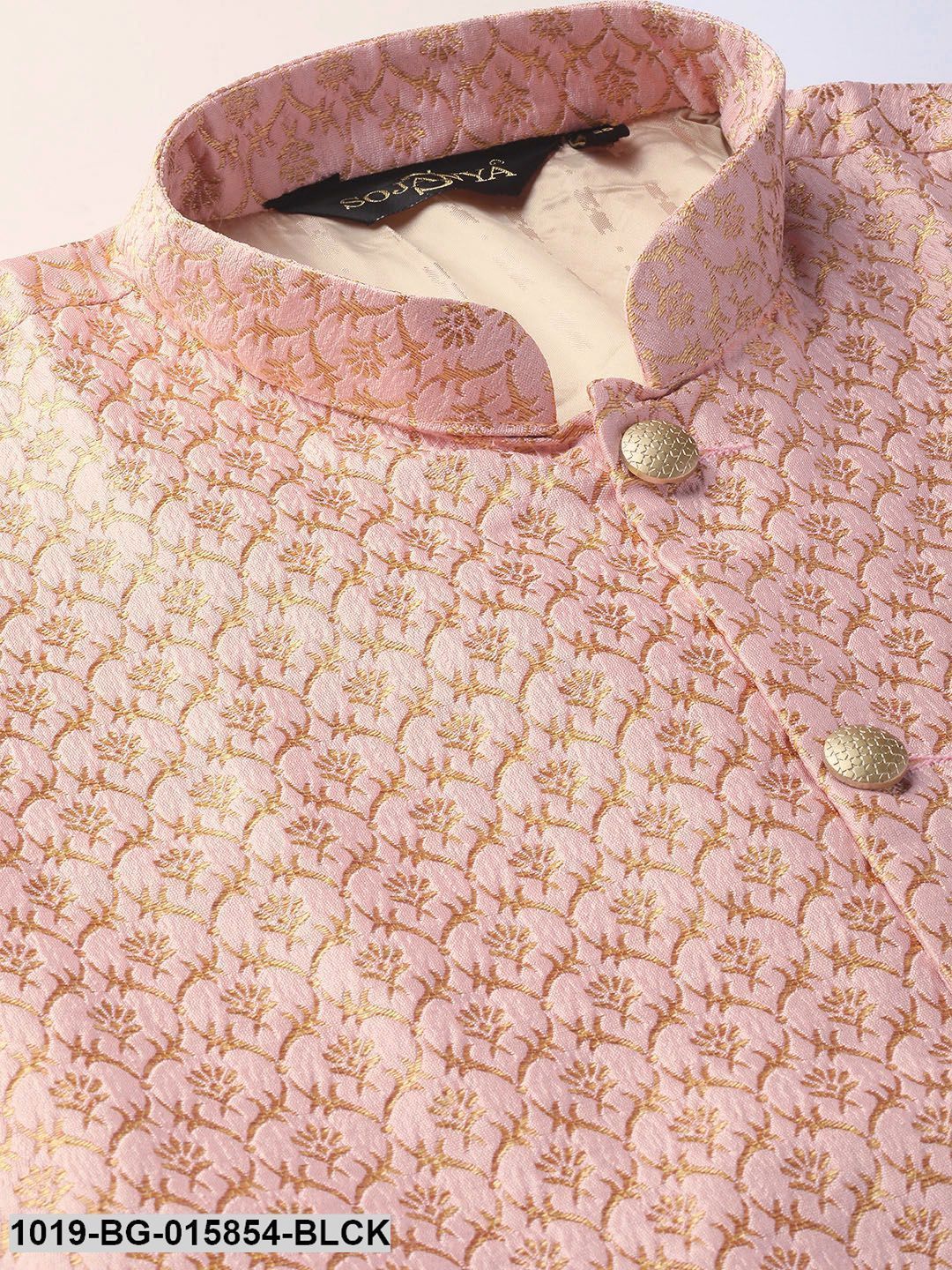 Men's Silk Blend Black Kurta Pyjama & Light Pink Nehru jacket Combo