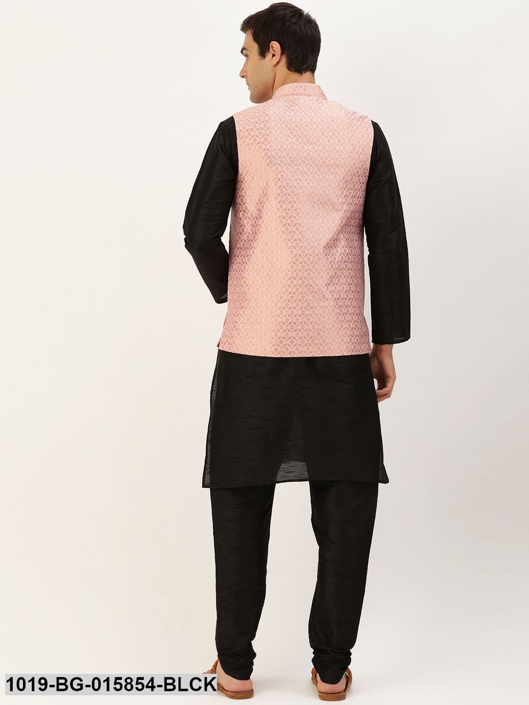 Men's Silk Blend Black Kurta Pyjama & Light Pink Nehru jacket Combo