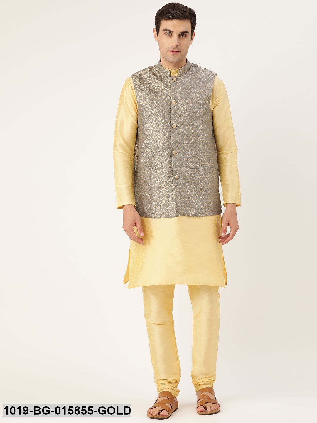 Men's Silk Blend Gold Kurta Pyjama & Grey Nehru jacket Combo