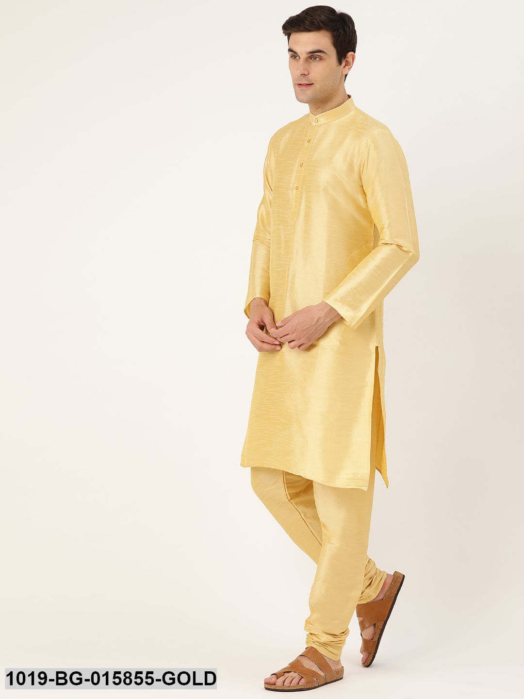 Men's Silk Blend Gold Kurta Pyjama & Grey Nehru jacket Combo