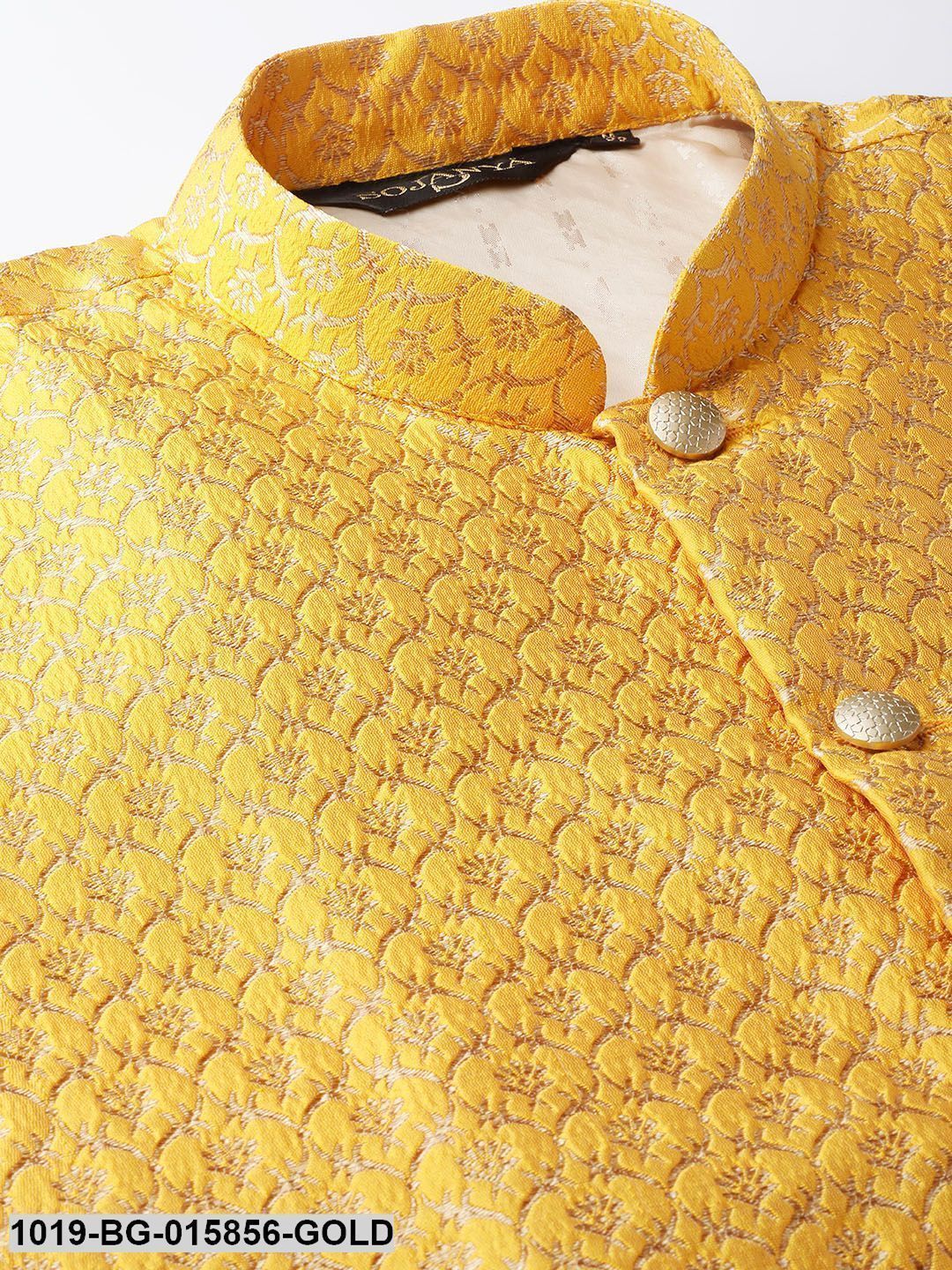 Men's Silk Blend Gold Kurta Pyjama & Mustard Nehru jacket Combo - Sojanya