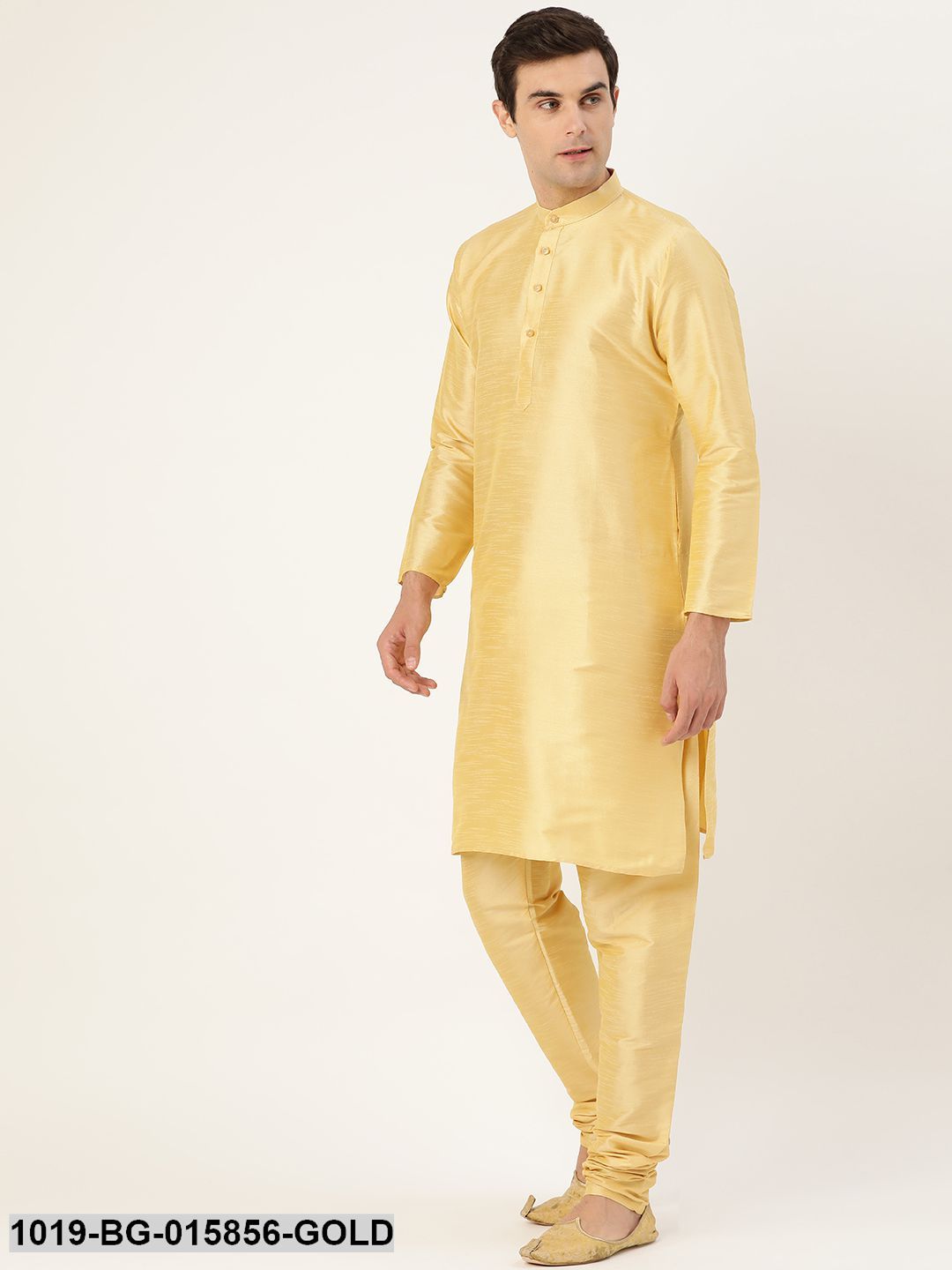 Men's Silk Blend Gold Kurta Pyjama & Mustard Nehru jacket Combo - Sojanya