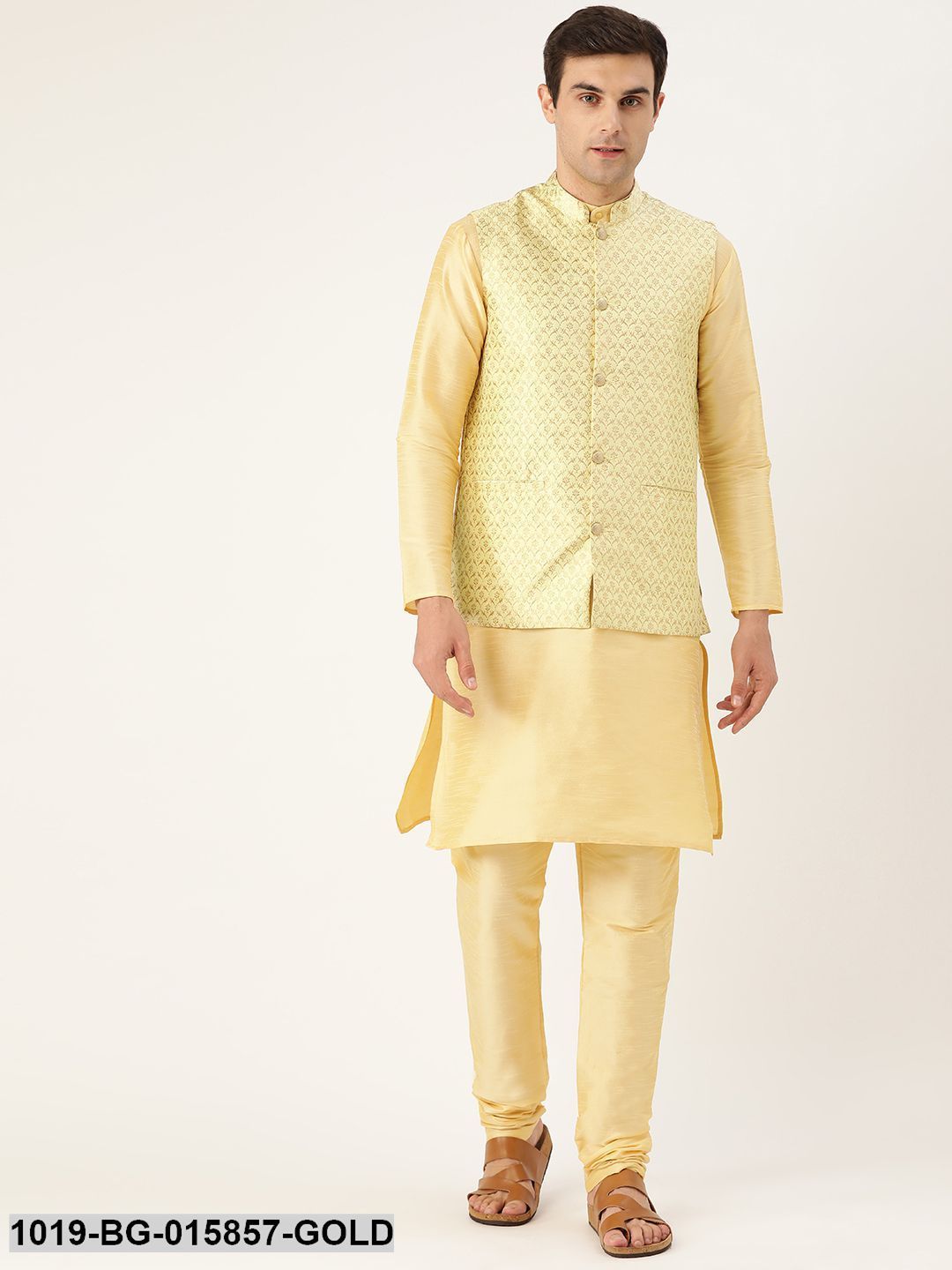 Men's Silk Blend Gold Kurta Pyjama & Lime Green Nehru jacket Combo