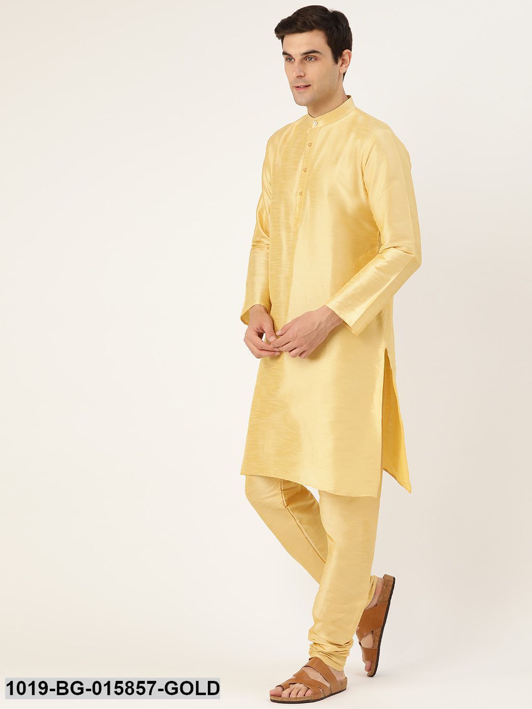 Men's Silk Blend Gold Kurta Pyjama & Lime Green Nehru jacket Combo