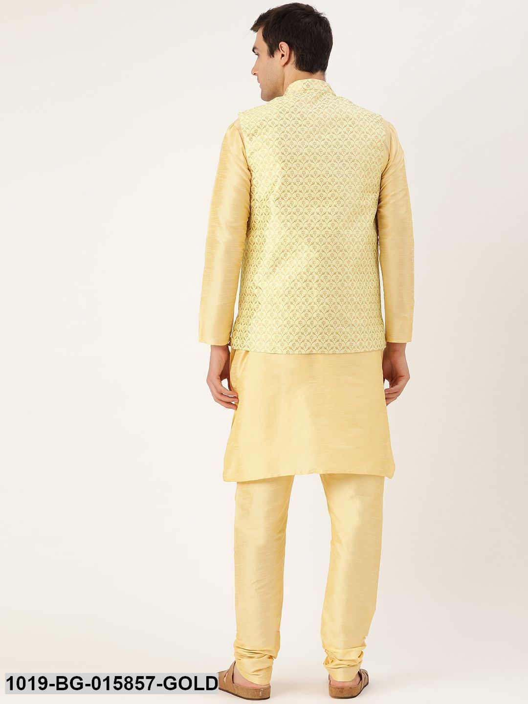 Men's Silk Blend Gold Kurta Pyjama & Lime Green Nehru jacket Combo