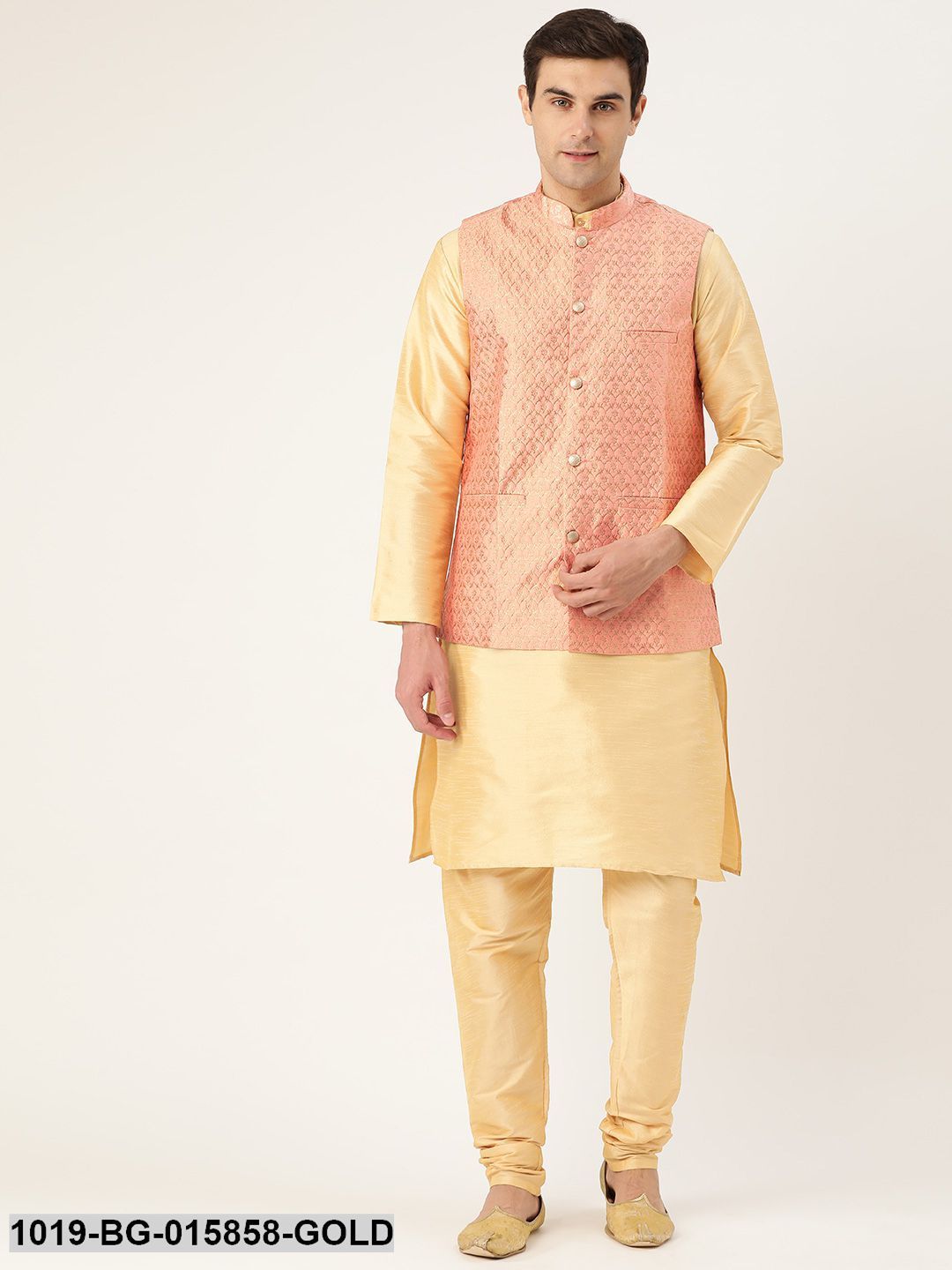 Men's Silk Blend Gold Kurta Pyjama & Peach Nehru jacket Combo
