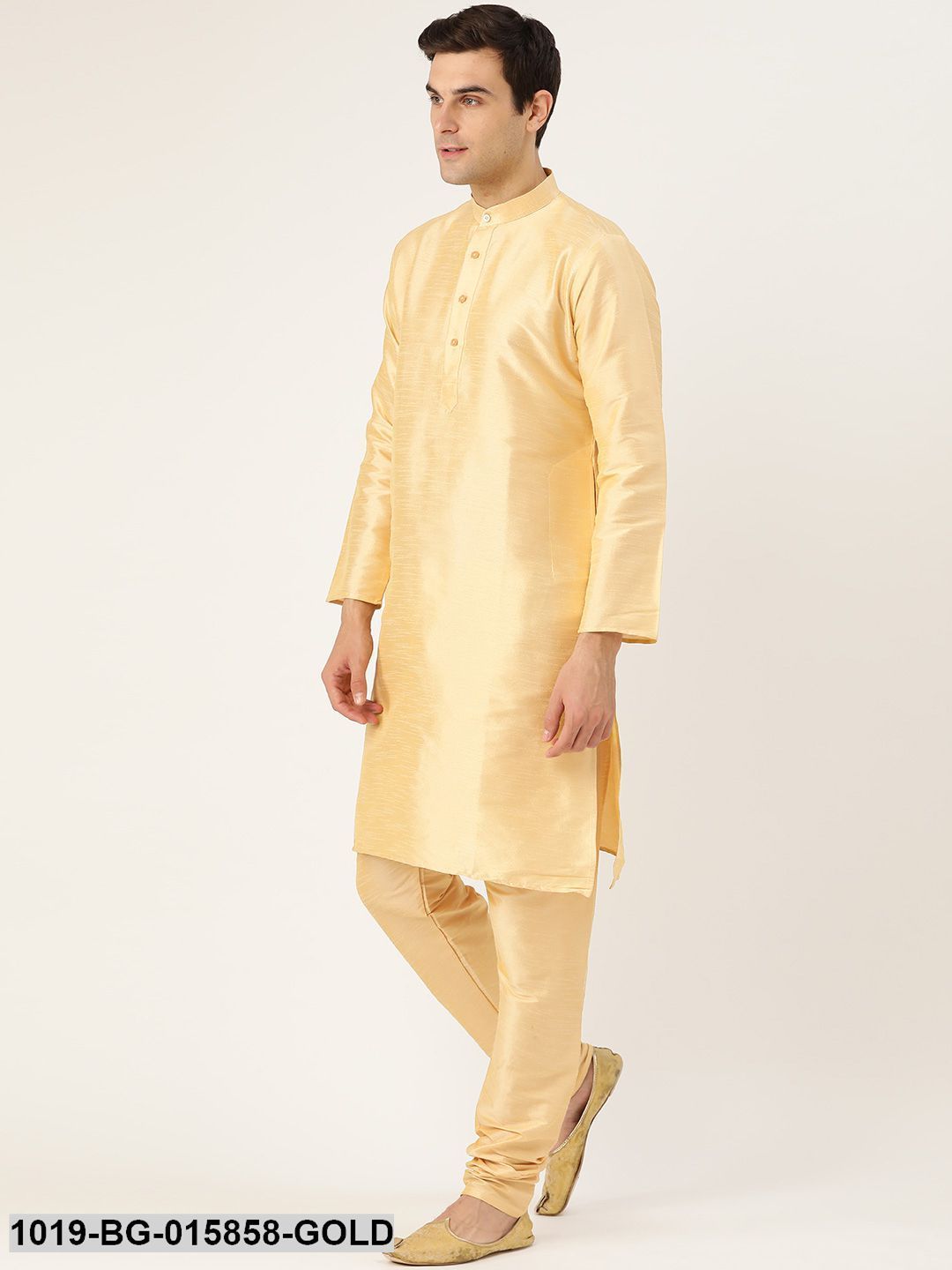 Men's Silk Blend Gold Kurta Pyjama & Peach Nehru jacket Combo