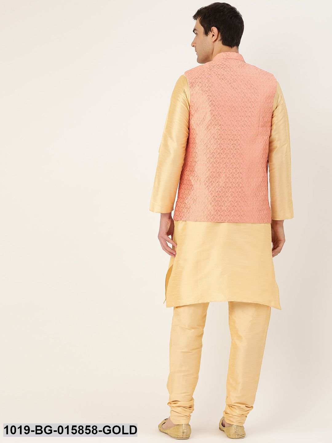 Men's Silk Blend Gold Kurta Pyjama & Peach Nehru jacket Combo