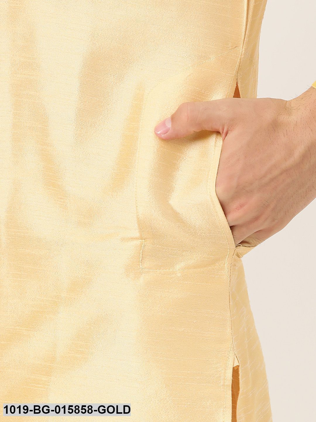 Men's Silk Blend Gold Kurta Pyjama & Peach Nehru jacket Combo