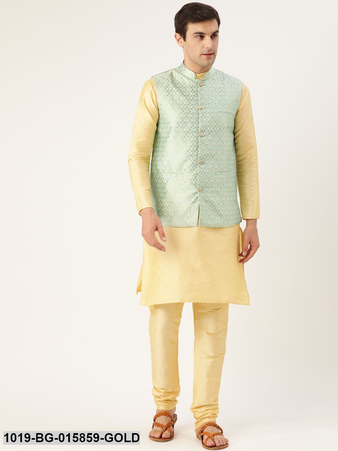 Men's Silk Blend Gold Kurta Pyjama & Sea Green Nehru jacket Combo