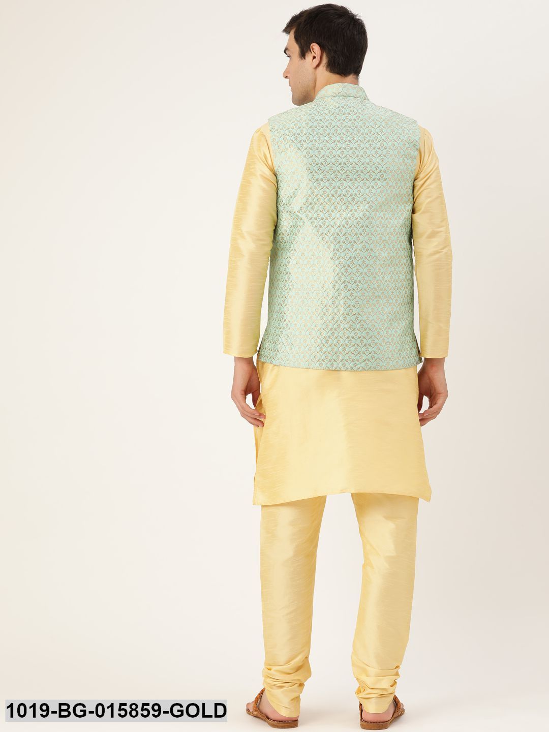 Men's Silk Blend Gold Kurta Pyjama & Sea Green Nehru jacket Combo