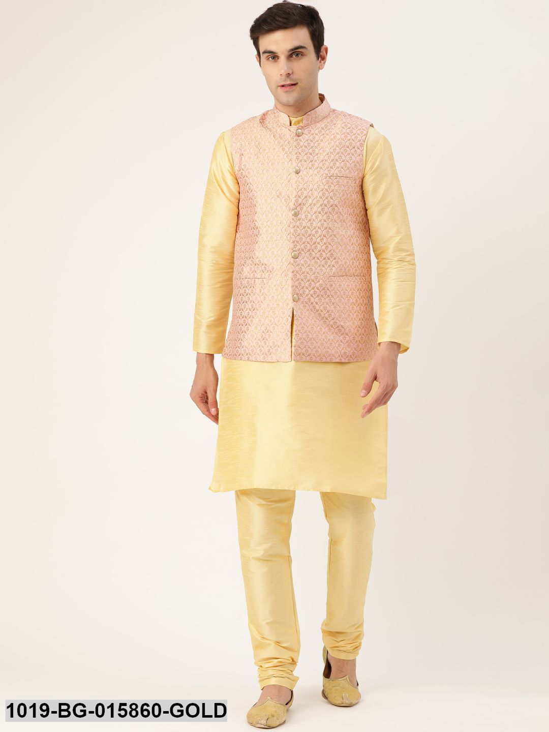 Men's Silk Blend Gold Kurta Pyjama & Light Pink Nehru jacket Combo