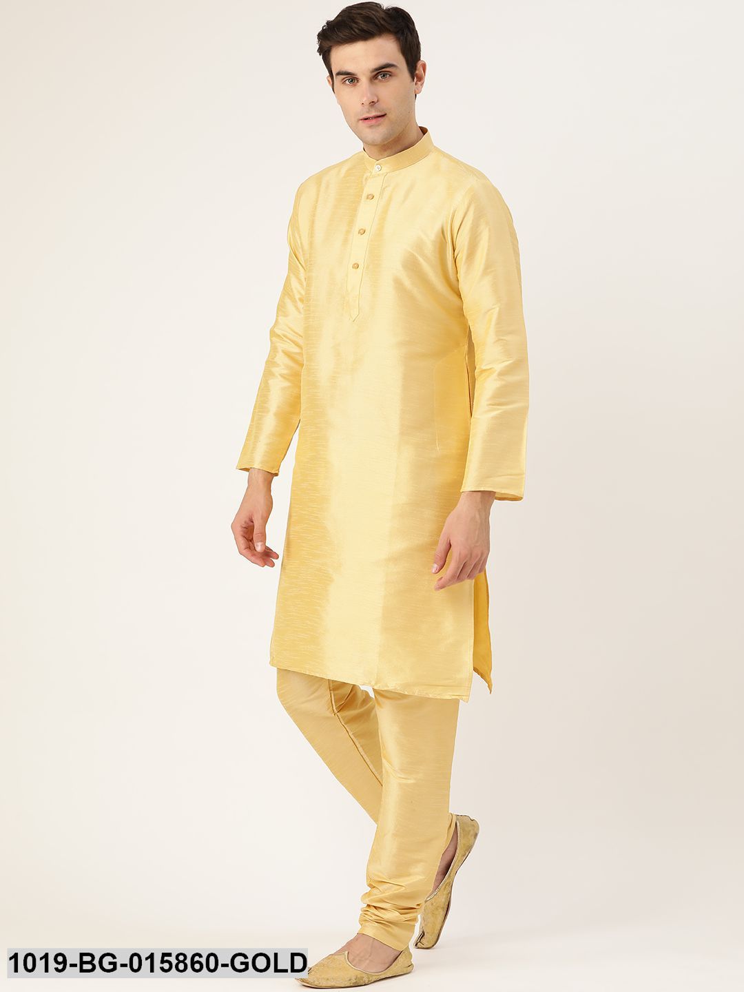 Men's Silk Blend Gold Kurta Pyjama & Light Pink Nehru jacket Combo