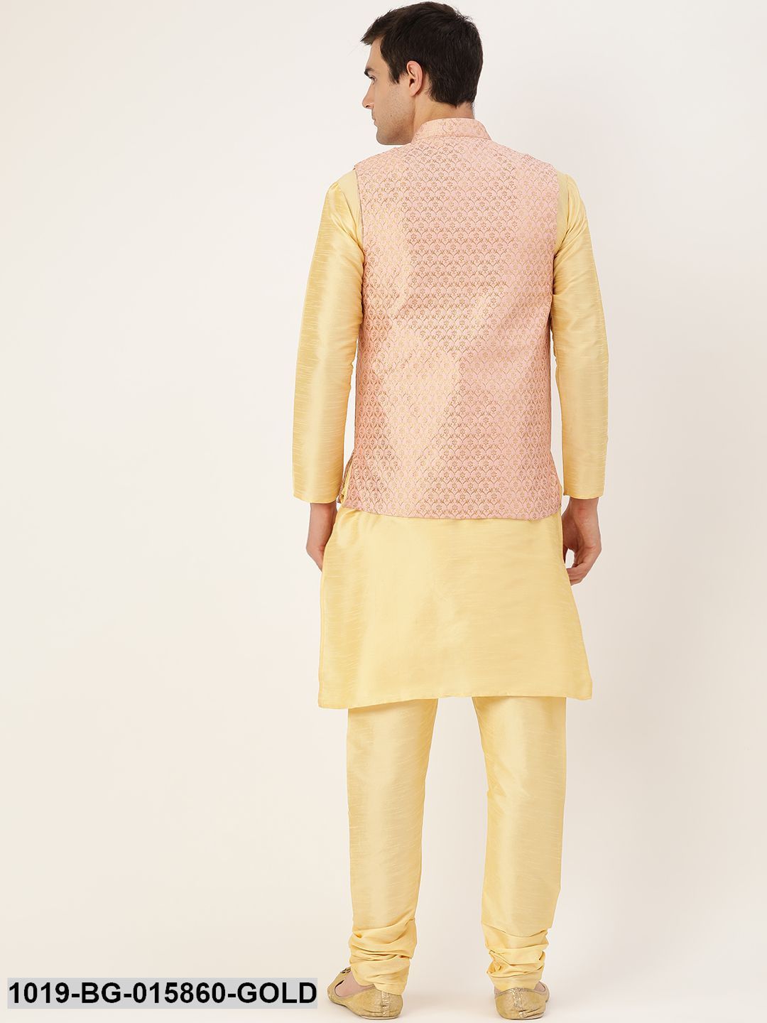 Men's Silk Blend Gold Kurta Pyjama & Light Pink Nehru jacket Combo