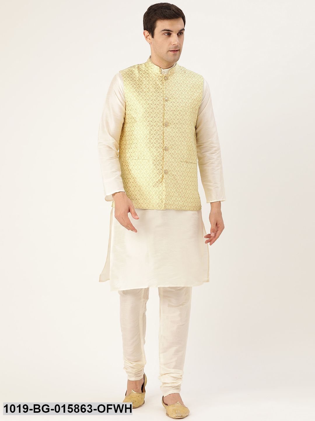 Men's Silk Blend Off White Kurta Pyjama & Lime Green Nehru jacket Combo