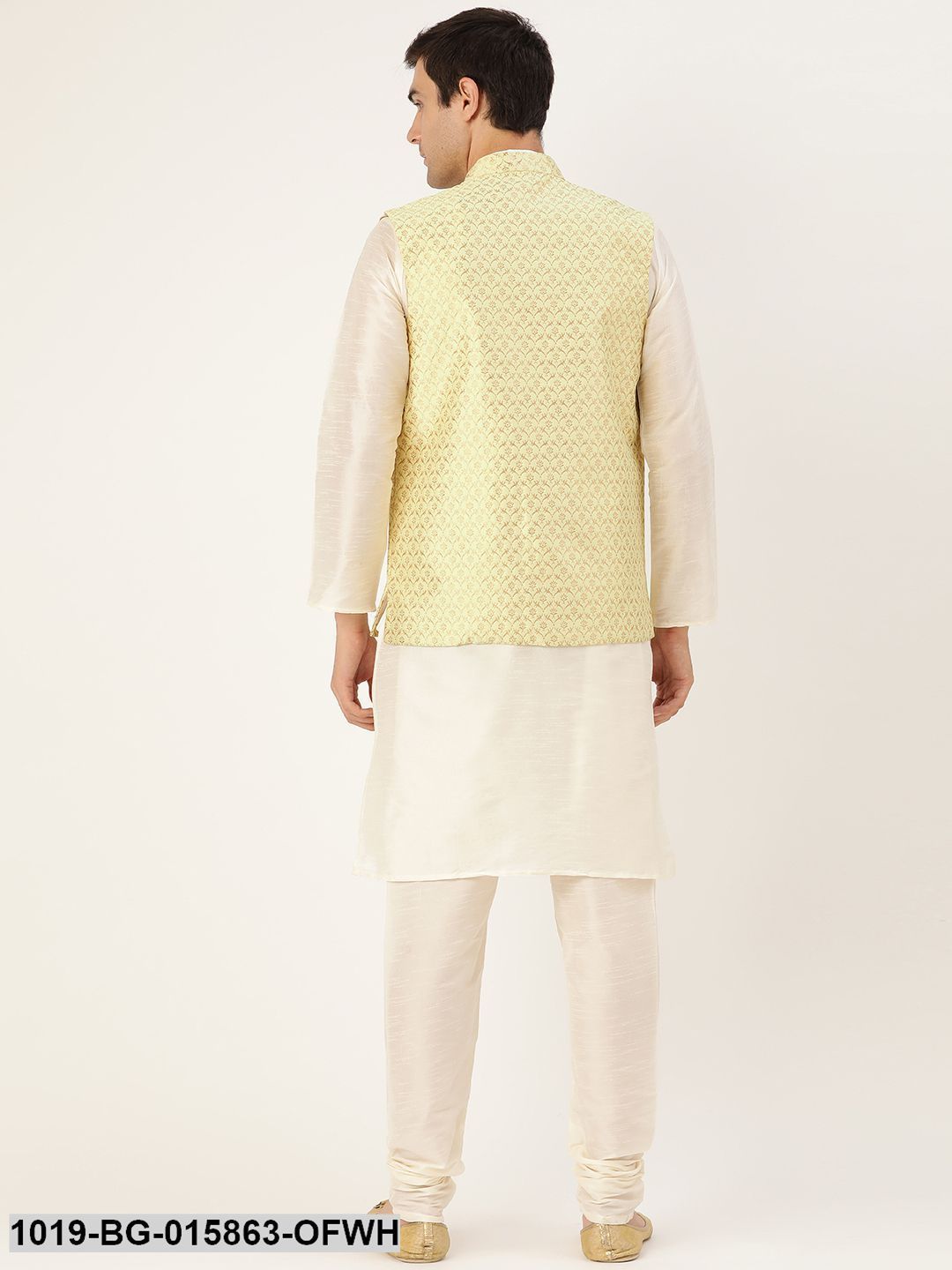 Men's Silk Blend Off White Kurta Pyjama & Lime Green Nehru jacket Combo