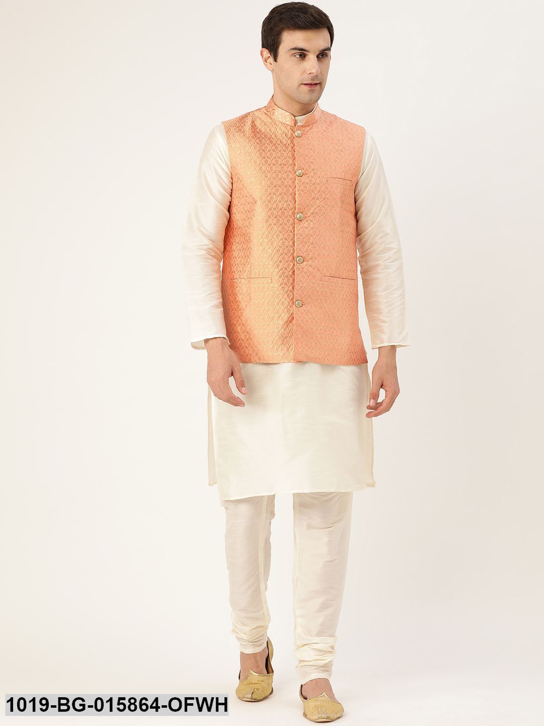 Men's Silk Blend Off White Kurta Pyjama & Peach Nehru jacket Combo