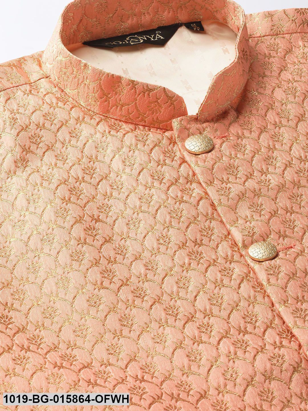 Men's Silk Blend Off White Kurta Pyjama & Peach Nehru jacket Combo