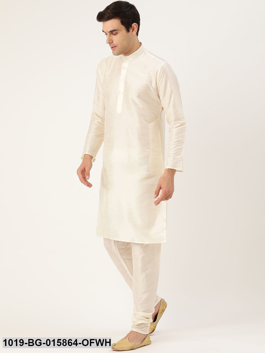 Men's Silk Blend Off White Kurta Pyjama & Peach Nehru jacket Combo