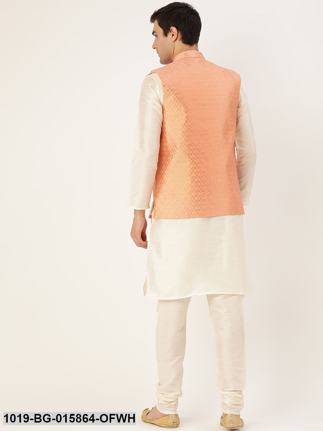 Men's Silk Blend Off White Kurta Pyjama & Peach Nehru jacket Combo