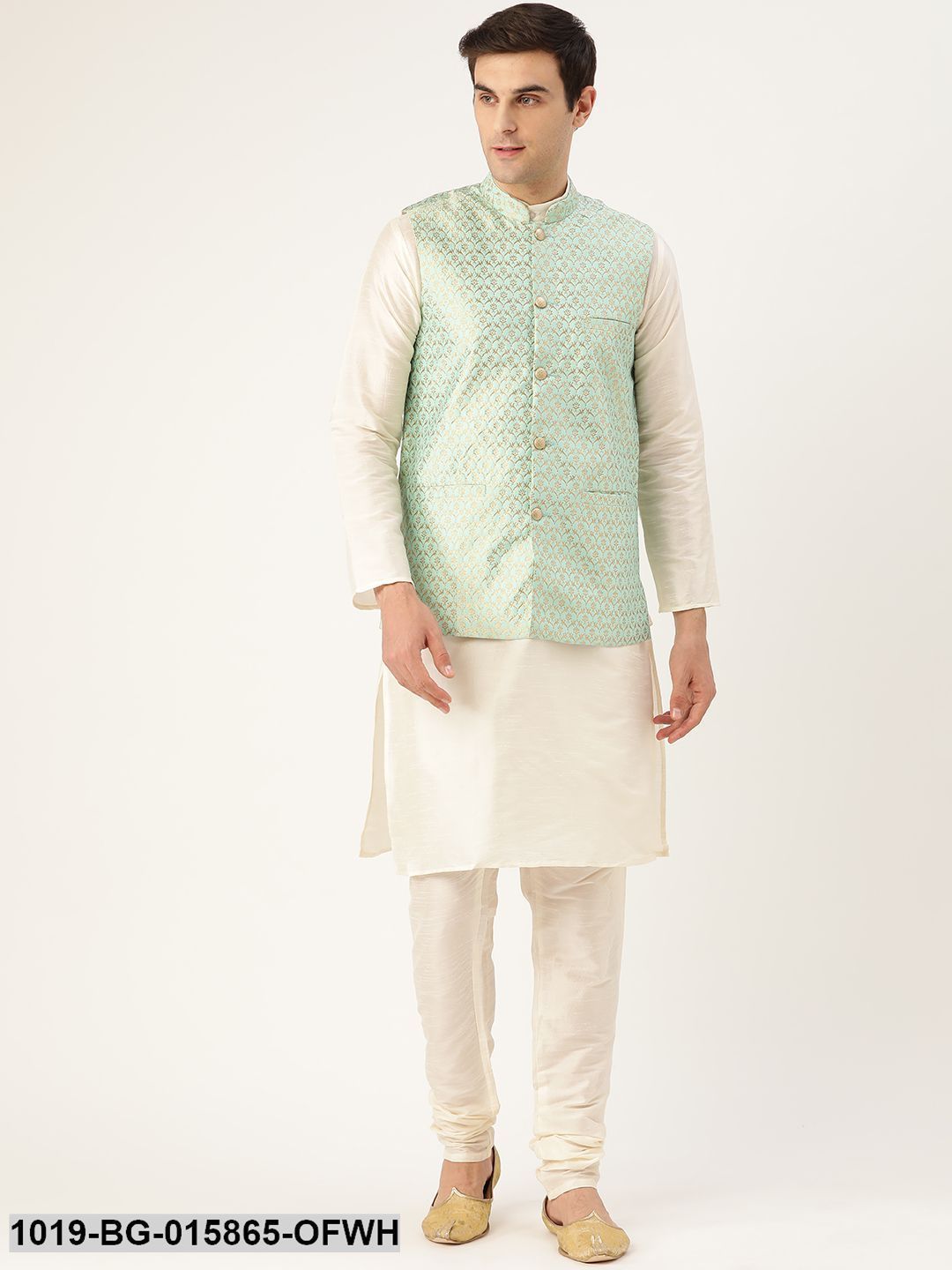 Men's Silk Blend Off White Kurta Pyjama & Sea Green Nehru jacket Combo