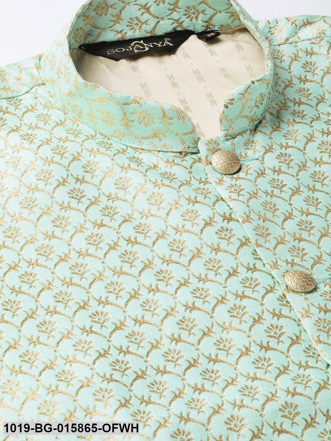 Men's Silk Blend Off White Kurta Pyjama & Sea Green Nehru jacket Combo