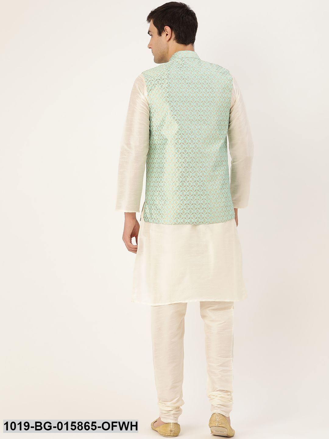 Men's Silk Blend Off White Kurta Pyjama & Sea Green Nehru jacket Combo