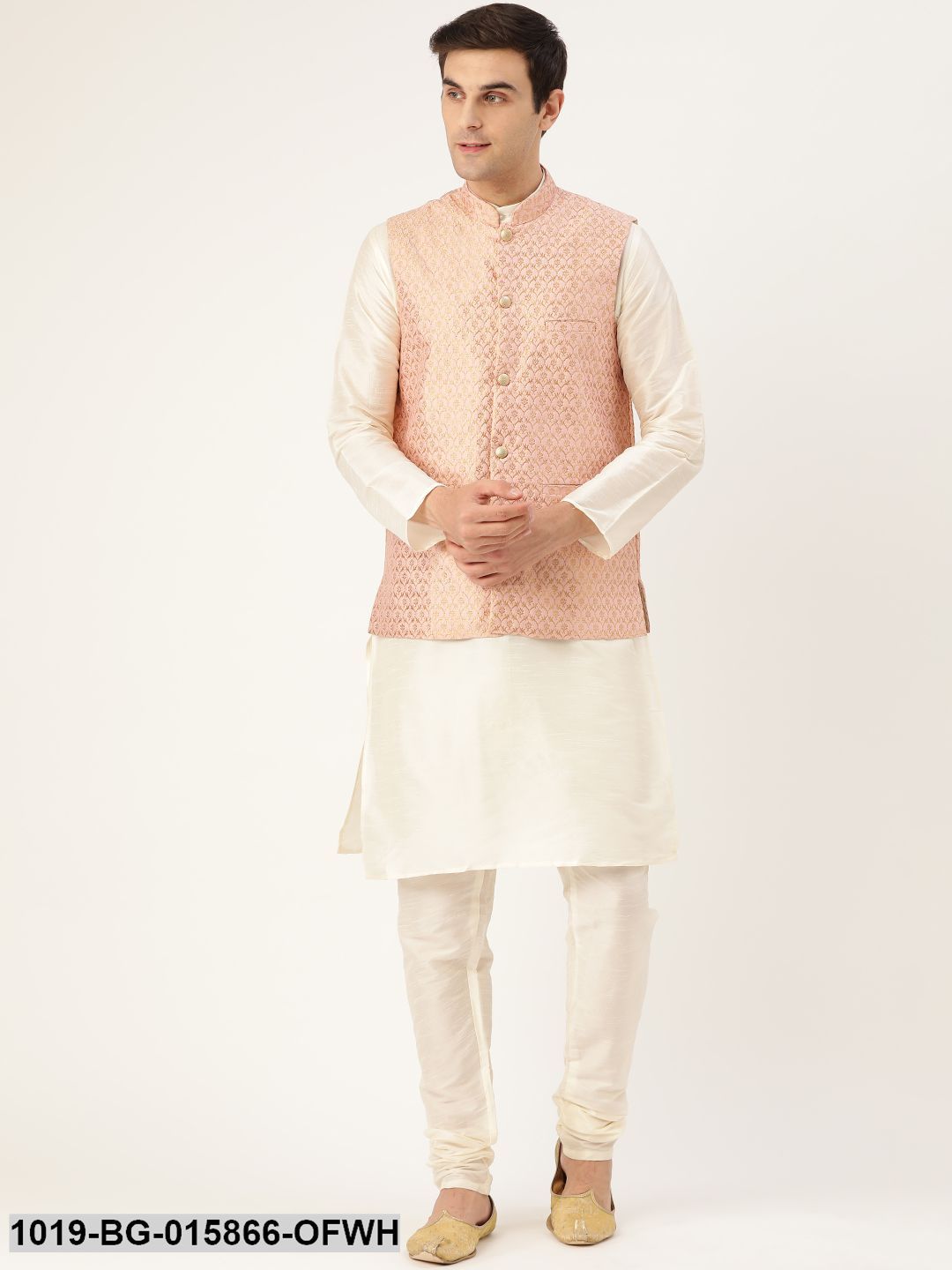Men's Silk Blend Off White Kurta Pyjama & Light Pink Nehru jacket Combo