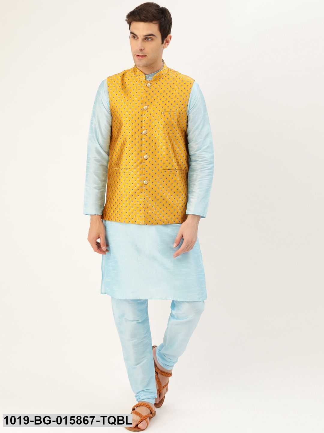 Men's Silk Blend Sky Blue Kurta Pyjama & Mustard Nehru jacket Combo