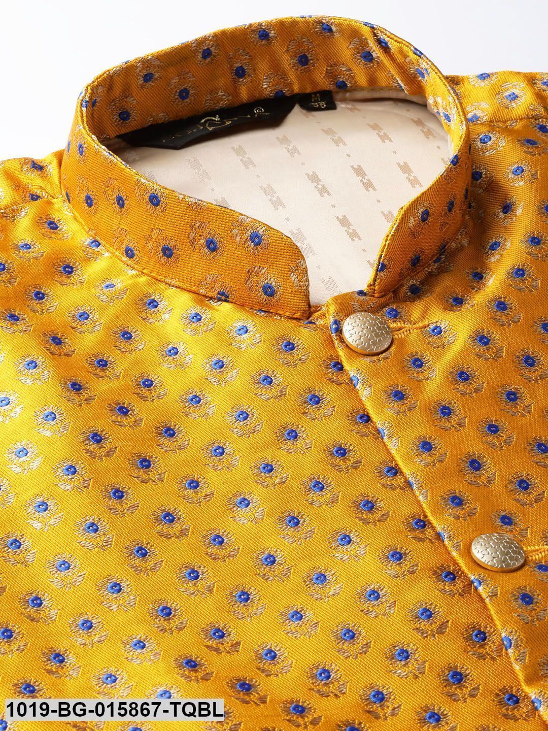Men's Silk Blend Sky Blue Kurta Pyjama & Mustard Nehru jacket Combo