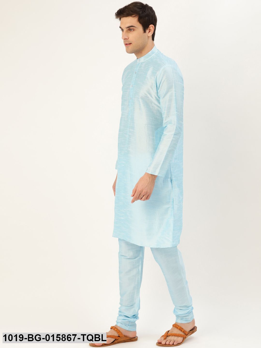 Men's Silk Blend Sky Blue Kurta Pyjama & Mustard Nehru jacket Combo