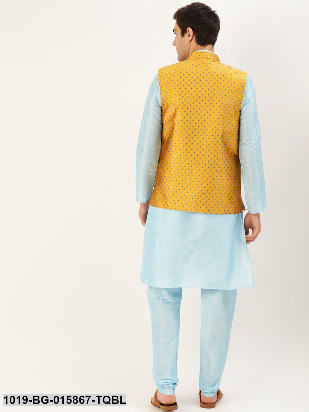 Men's Silk Blend Sky Blue Kurta Pyjama & Mustard Nehru jacket Combo