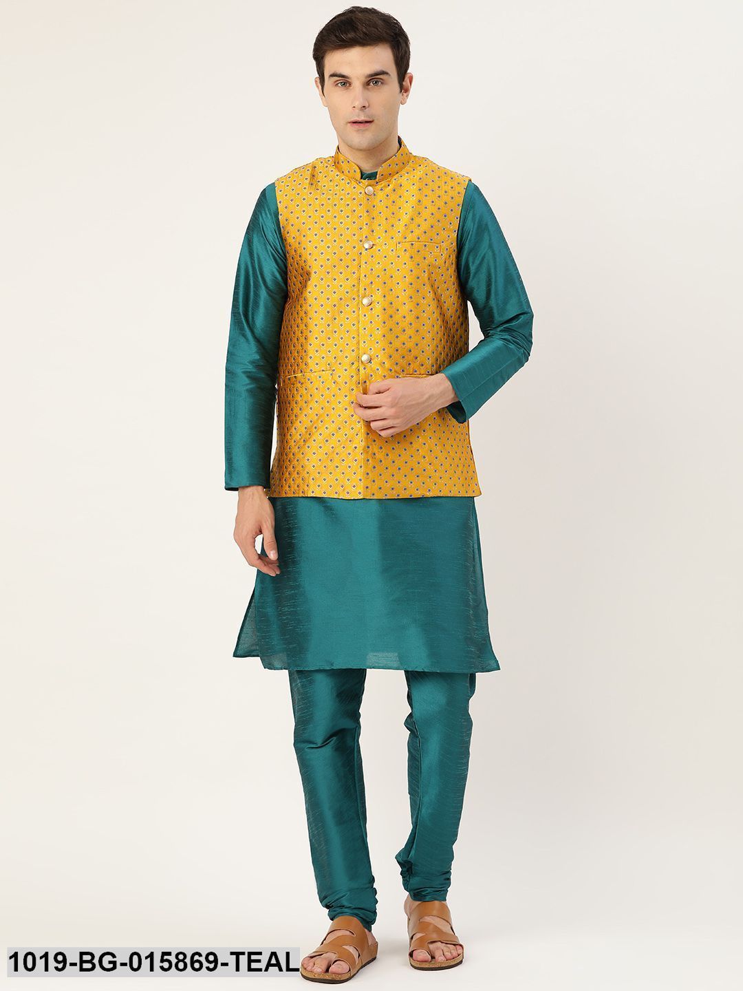 Men's Silk Blend Teal Green Kurta Pyjama & Mustard Nehru jacket Combo