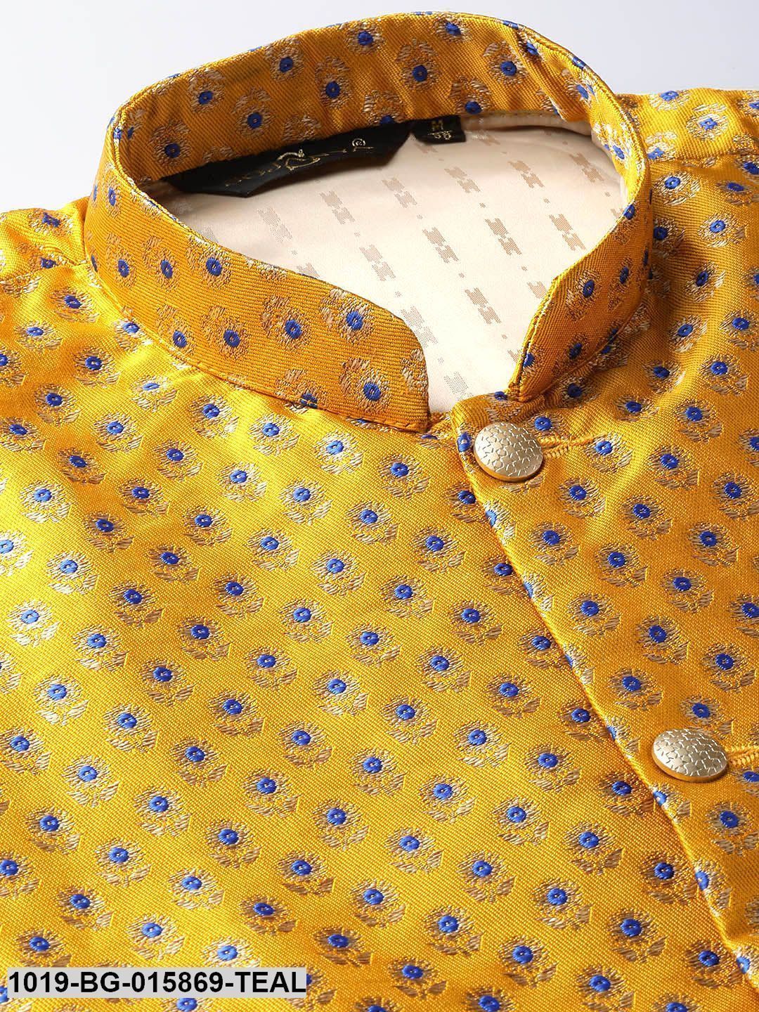 Men's Silk Blend Teal Green Kurta Pyjama & Mustard Nehru jacket Combo