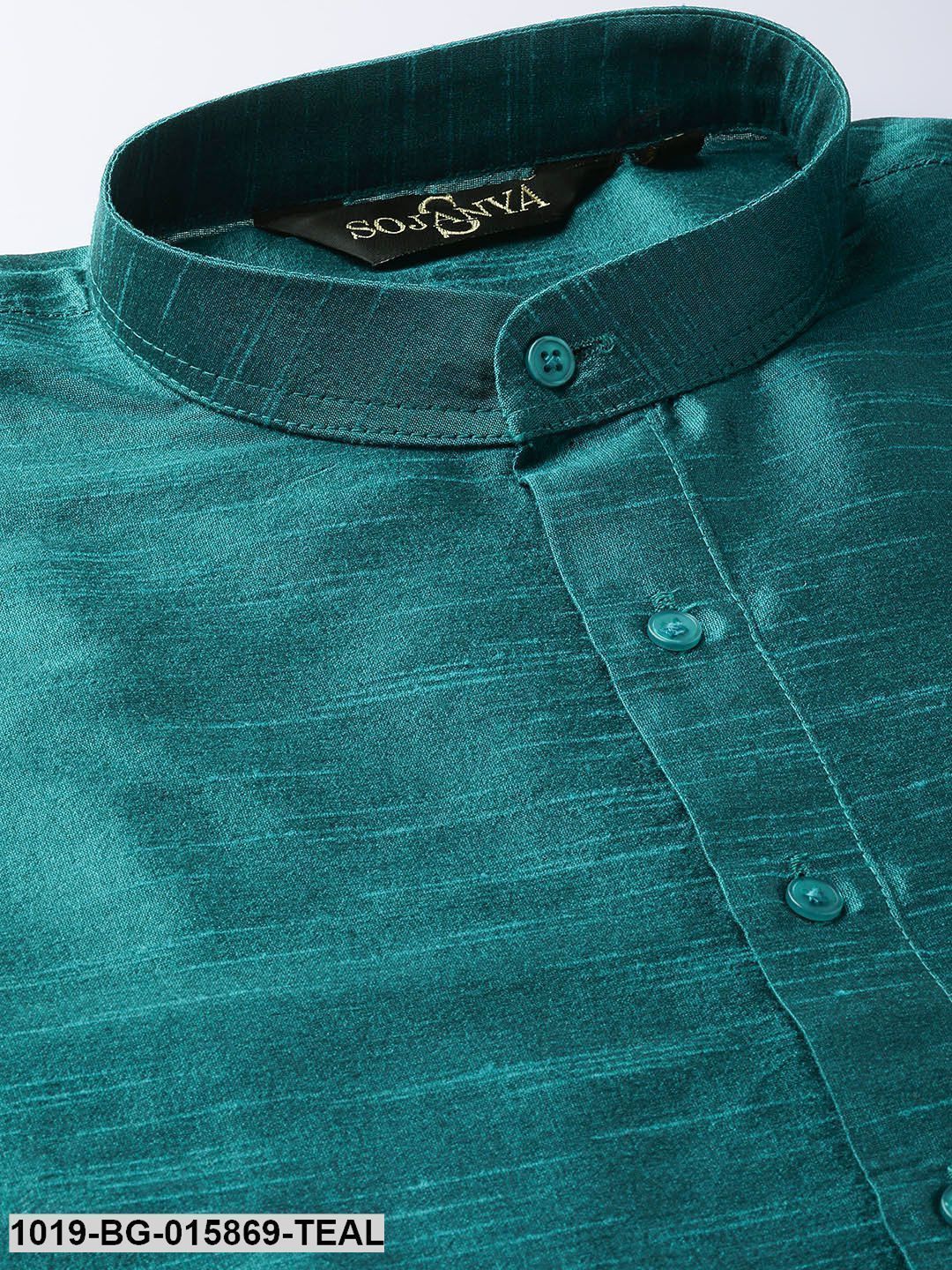 Men's Silk Blend Teal Green Kurta Pyjama & Mustard Nehru jacket Combo
