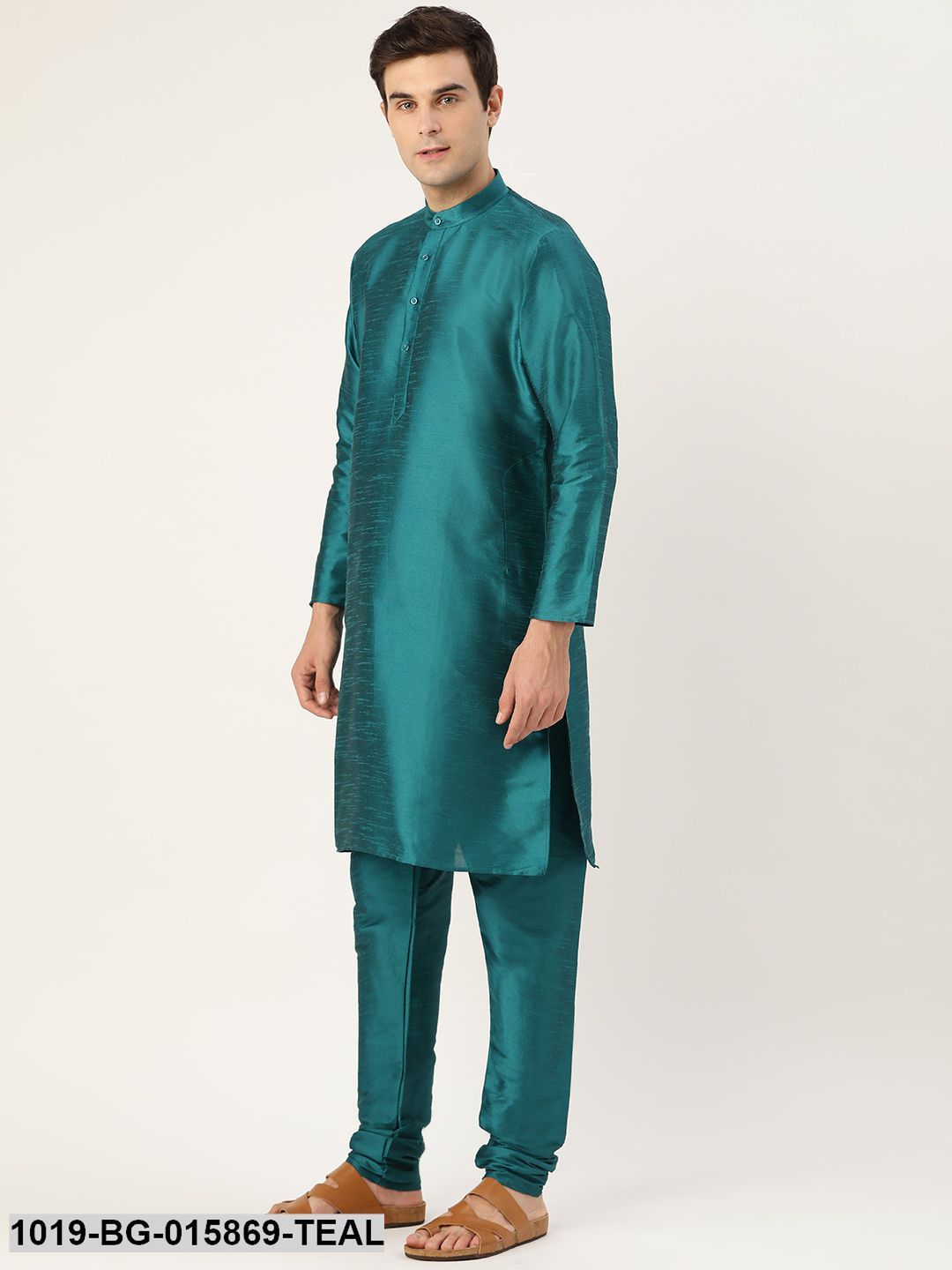 Men's Silk Blend Teal Green Kurta Pyjama & Mustard Nehru jacket Combo