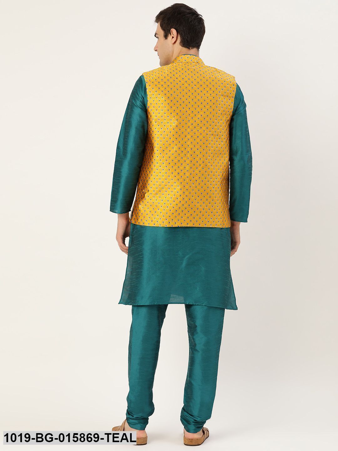 Men's Silk Blend Teal Green Kurta Pyjama & Mustard Nehru jacket Combo