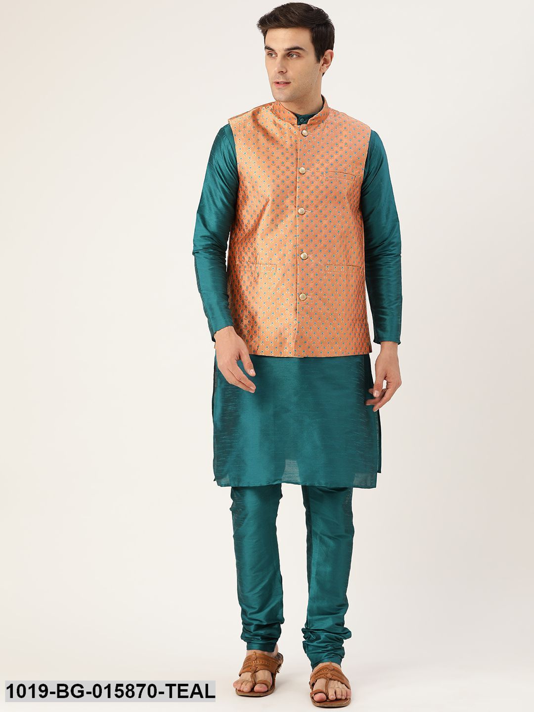 Men's Silk Blend Teal Green Kurta Pyjama & Peach Nehru jacket Combo