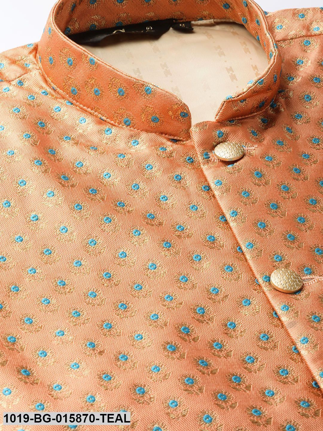 Men's Silk Blend Teal Green Kurta Pyjama & Peach Nehru jacket Combo